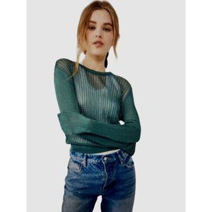 Free People H2O Sheer Knit Top Size Jaded Crewneck Pullover Long Sleeve Large